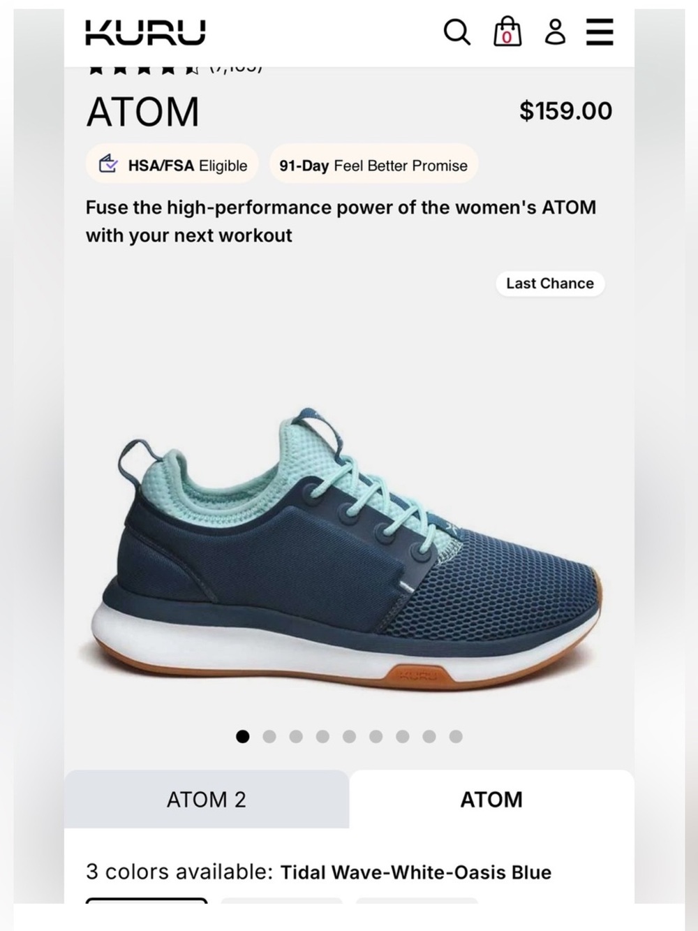 KURU Atom Sz 8 Wide in Tital Wave Teal & White Oasis Orig $159 Like New